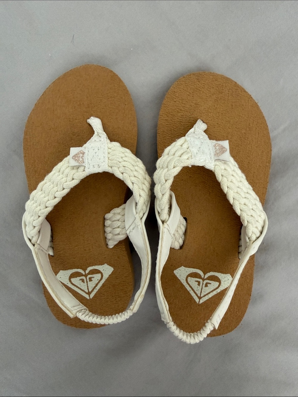 Roxy Toddler Cream Braided Toe-Post Sandals with Brown Footbed